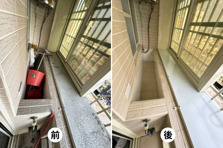 陽台、窗戶的風沙積灰前後對比——平常最懶得爬上爬下的地方，一次清得乾乾淨淨。
