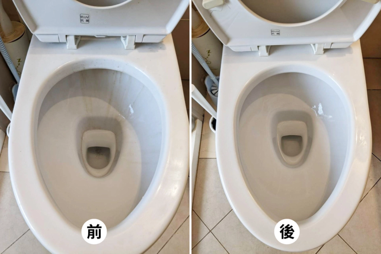 浴室的磁磚、蓮蓬頭、水龍頭、馬桶、小便斗、地排前後對比——水垢皂垢刷掉、磁磚亮回來,連角落和落水頭都清到。