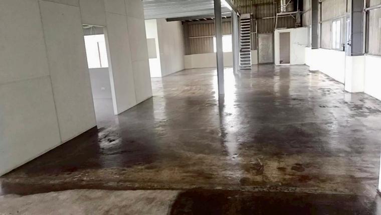 第一階段地面整平：打磨、清潔、補土填縫，用專業機器把一千多坪地面處理過一輪。