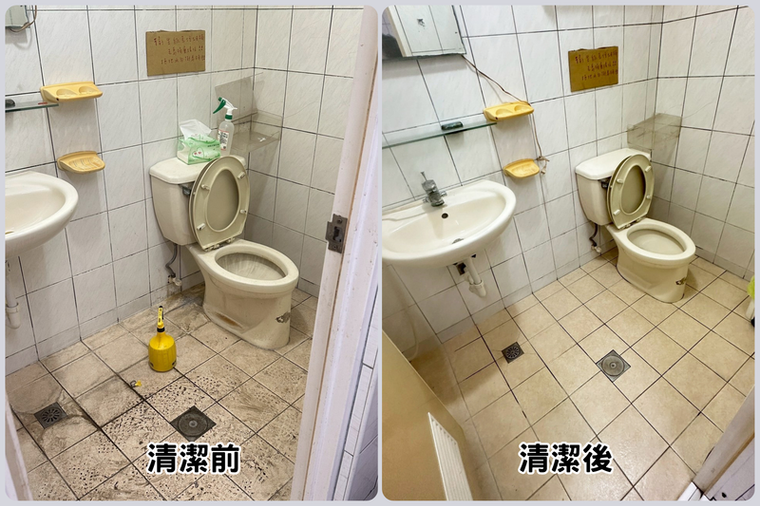 廁所清潔前後：磁磚縫、馬桶周圍的水垢皂垢清掉，磁磚和洗手台亮起來，連牆角、天花板霉斑都處理。