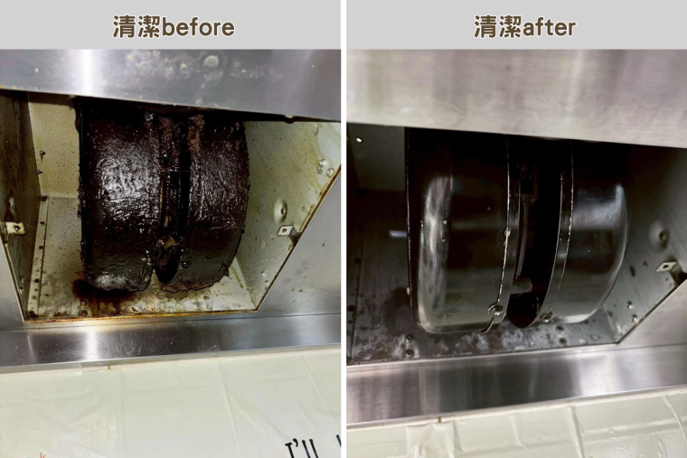 抽油煙機的渦輪與濾網拆洗前後，厚厚的油垢清掉後亮得像新的一樣。