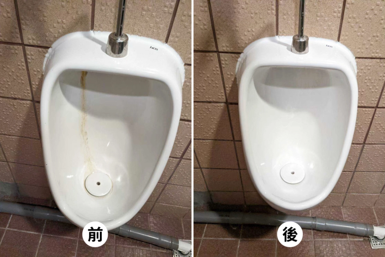 浴室的磁磚、蓮蓬頭、水龍頭、馬桶、小便斗、地排前後對比——水垢皂垢刷掉、磁磚亮回來,連角落和落水頭都清到。