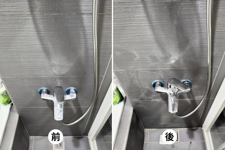 浴室的磁磚、蓮蓬頭、水龍頭、馬桶、小便斗、地排前後對比——水垢皂垢刷掉、磁磚亮回來，連角落和落水頭都清到。