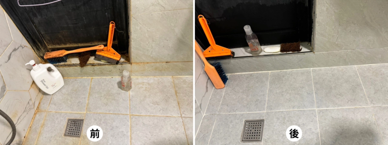 浴室的磁磚、蓮蓬頭、水龍頭、馬桶、小便斗、地排前後對比——水垢皂垢刷掉、磁磚亮回來,連角落和落水頭都清到。