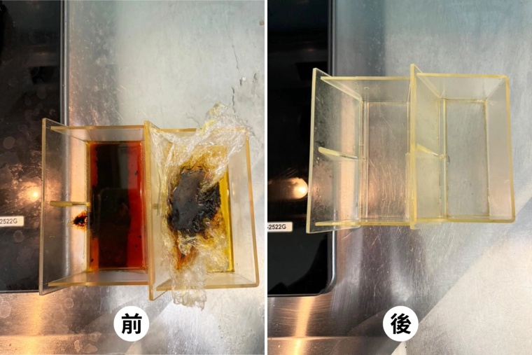 廚房的抽油煙機、水槽、油盒、瓦斯爐前後對比——卡住的陳年油污一掃而空，這些是自己怎麼刷都刷不掉的地方。