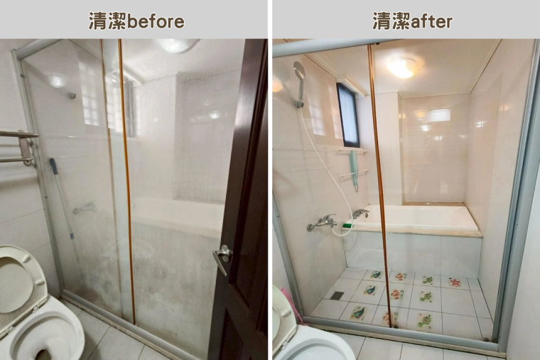 陽台、淋浴間、水龍頭與洗手台的清潔前後對比,原本的灰塵水垢清乾淨後煥然一新。