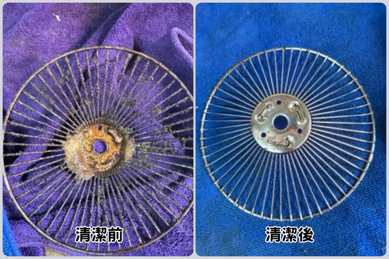 抽油煙機與風扇前後:卡了不知多久的陳年油垢清掉,扇葉亮回來、不再黏手。