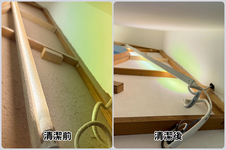 抽油煙機與風扇前後：卡了不知多久的陳年油垢清掉，扇葉亮回來、不再黏手。