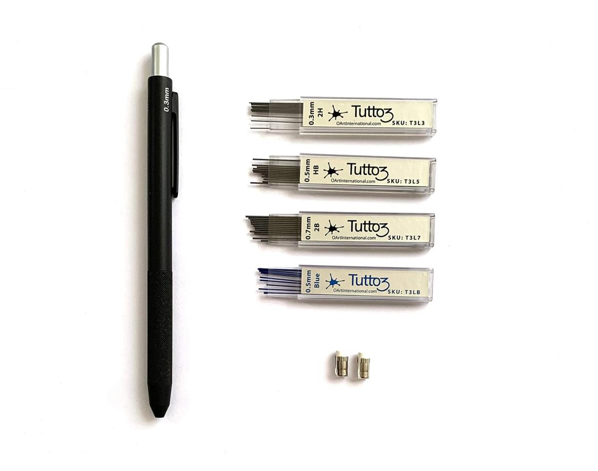Black Tutto3 pencil with 0.3 mm 2H, 0.5 mm HB, 0.7 mm 2B and 0.5 mm blue lead refills and spare erasers