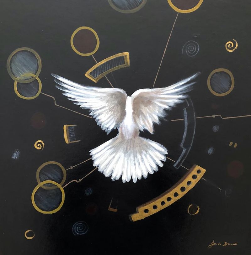 Palomas en Vuelo I, painting by Jesús Saí