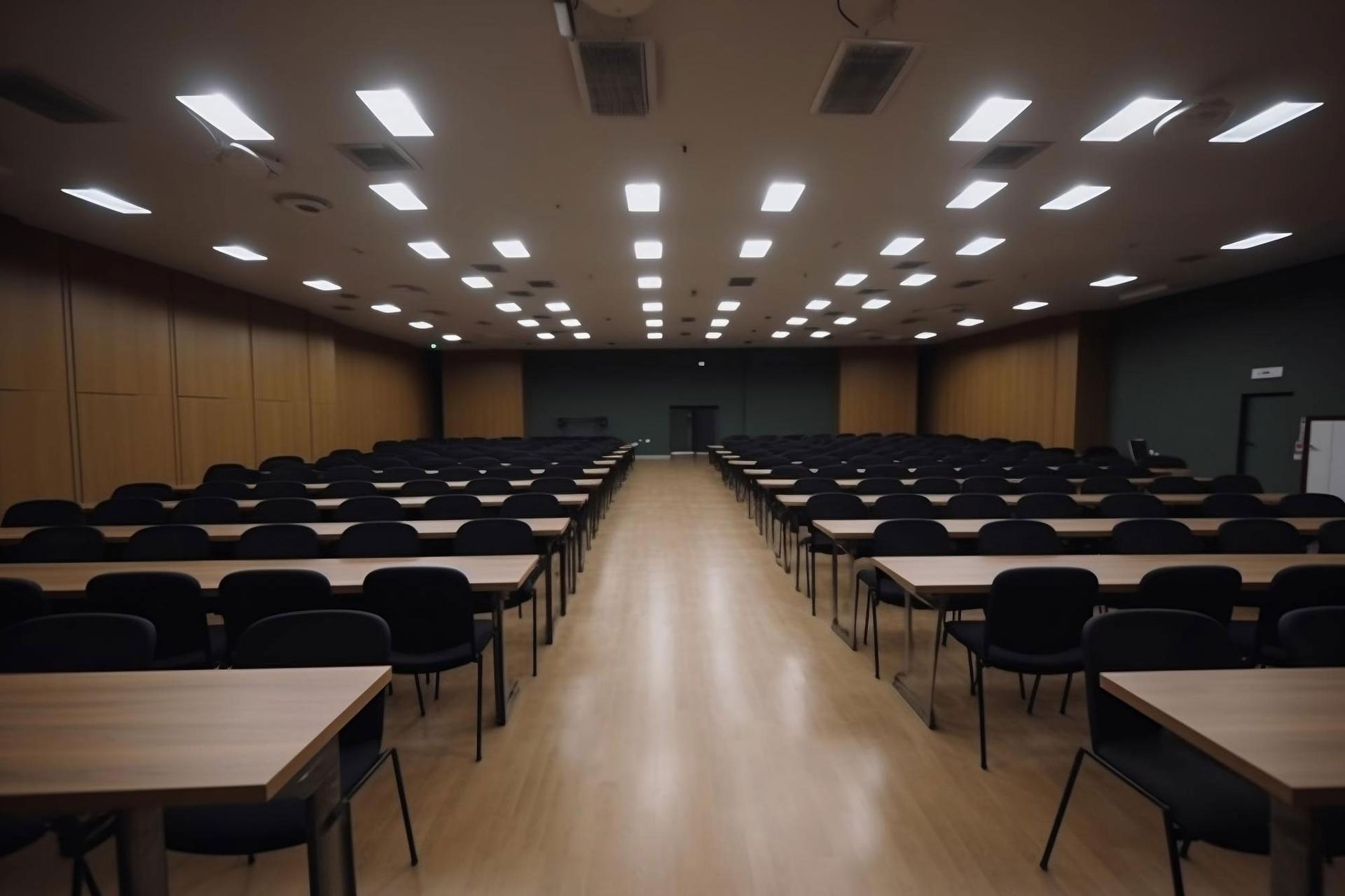 Fila di banchi vuoti in un'aula universitaria silenziosa, illuminata da luci a soffitto a griglia.