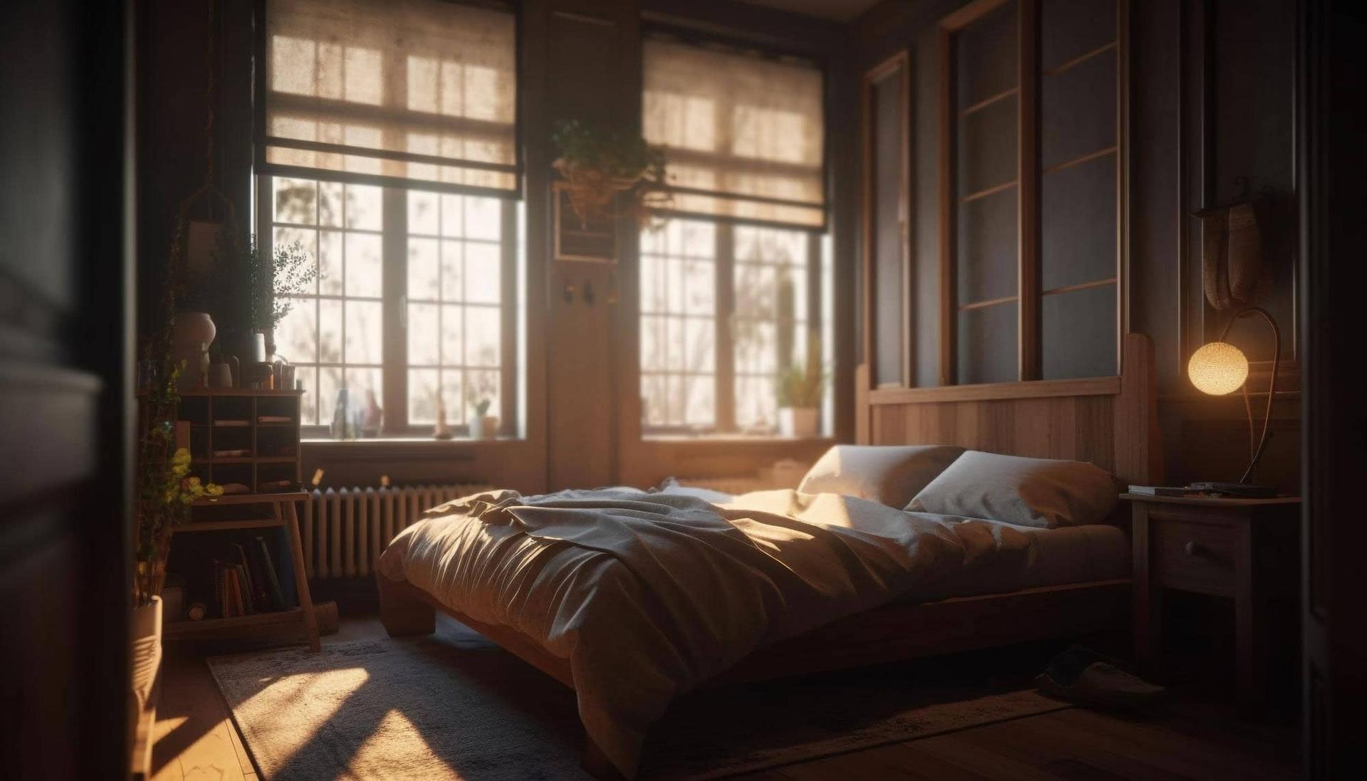 Camera da letto illuminata da una luce calda al tramonto, con un letto disfatto e piante sul davanzale.