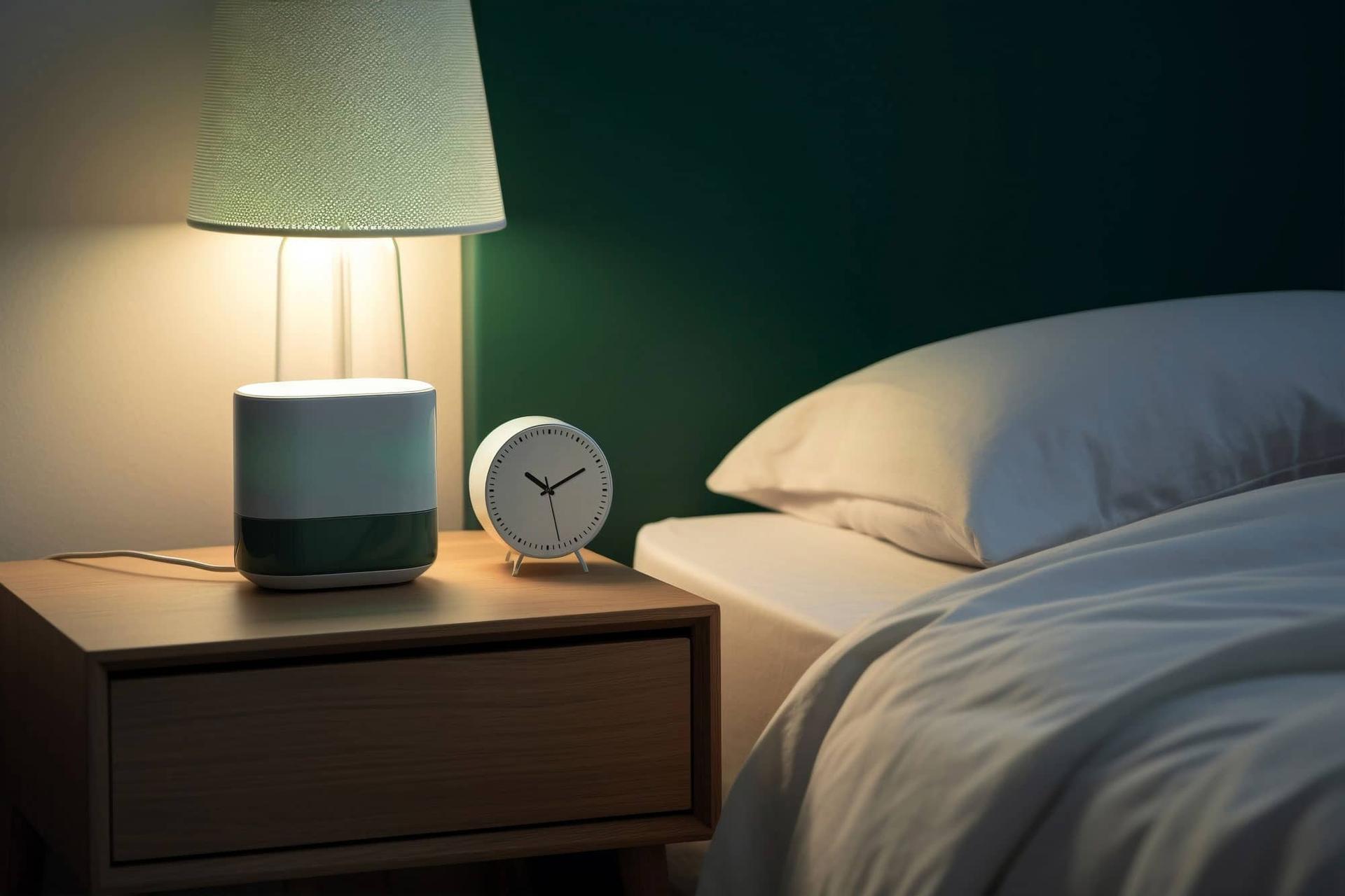 Comodino con una lampada accesa e una sveglia rotonda, accanto a un letto in una stanza dalle pareti verde scuro.