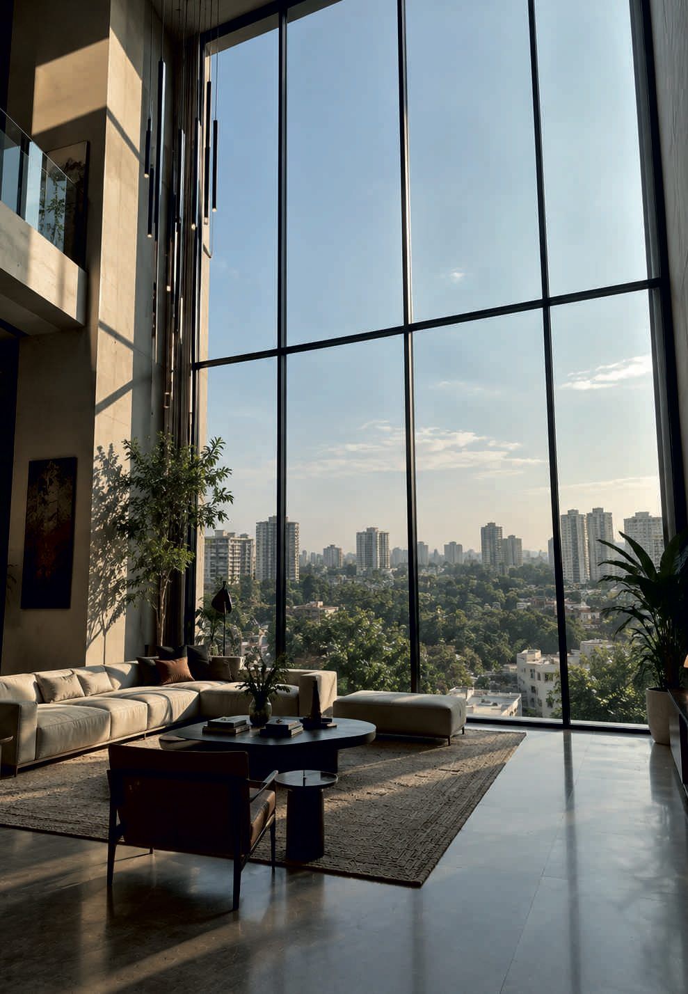 Double-height living room with expansive glazing over a city view