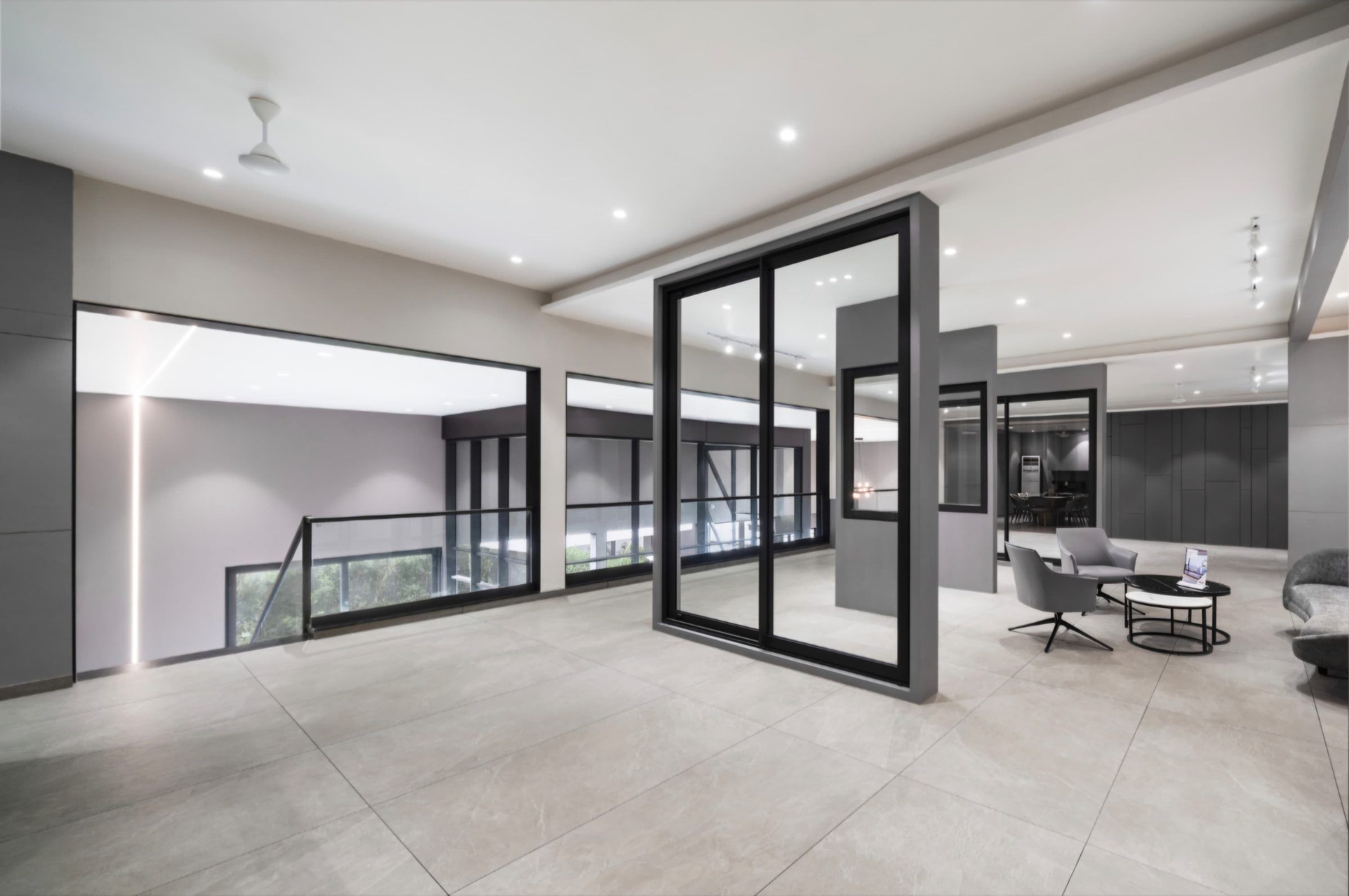 Mezzanine gallery with a framed sliding door display