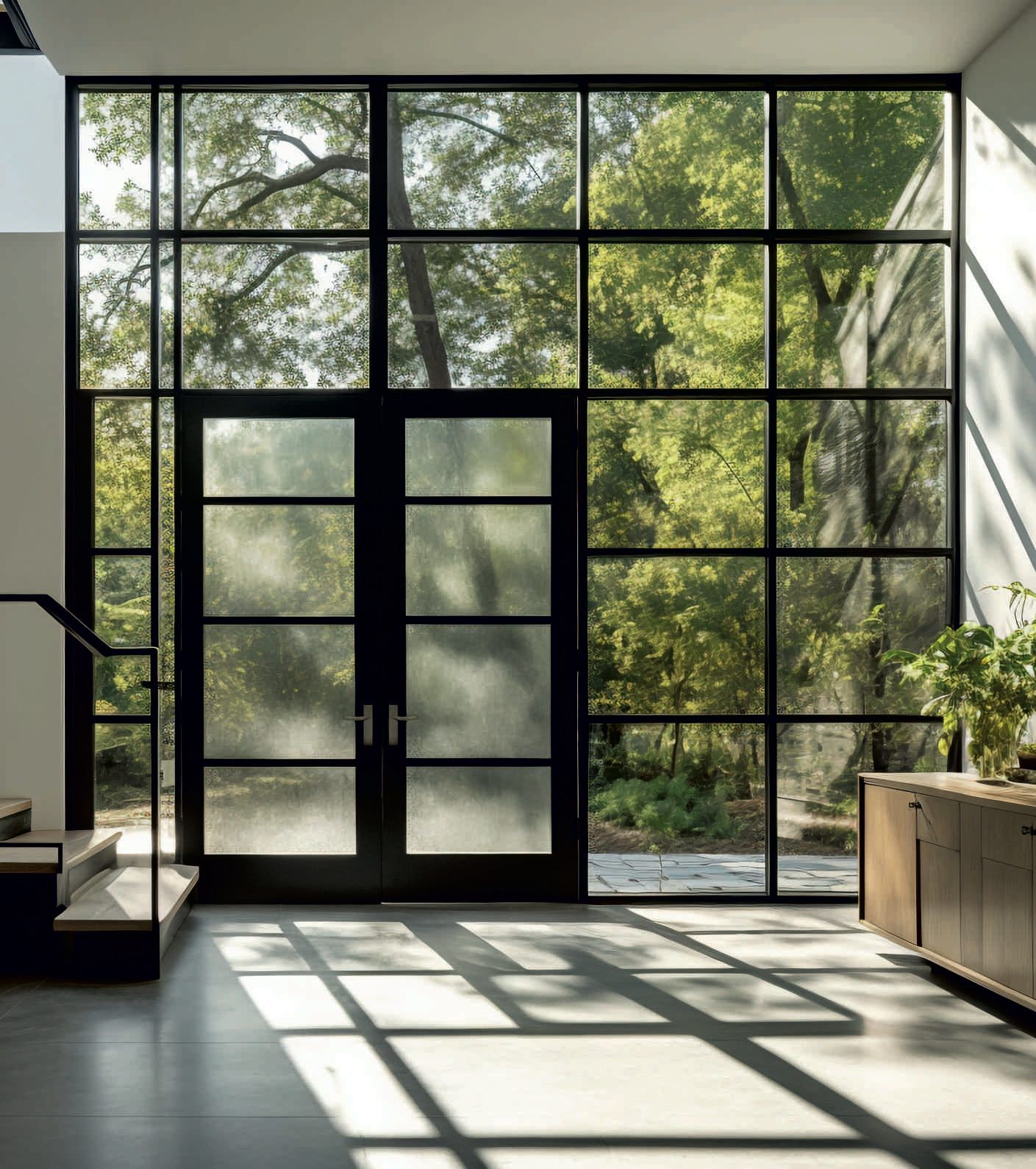 Gridded glazed entrance doors within a full-height window wall