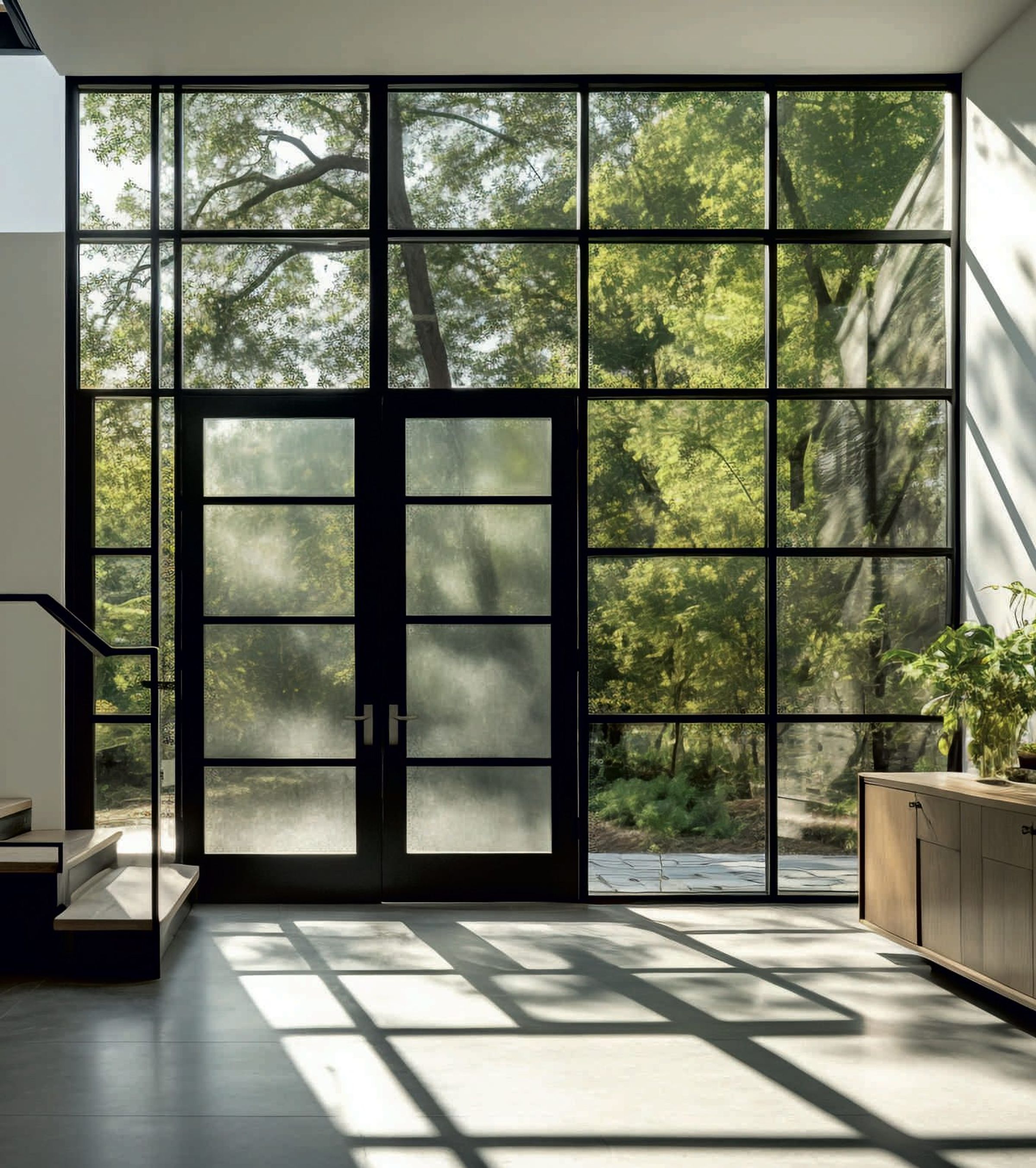 Gridded glazed entrance doors within a full-height window wall