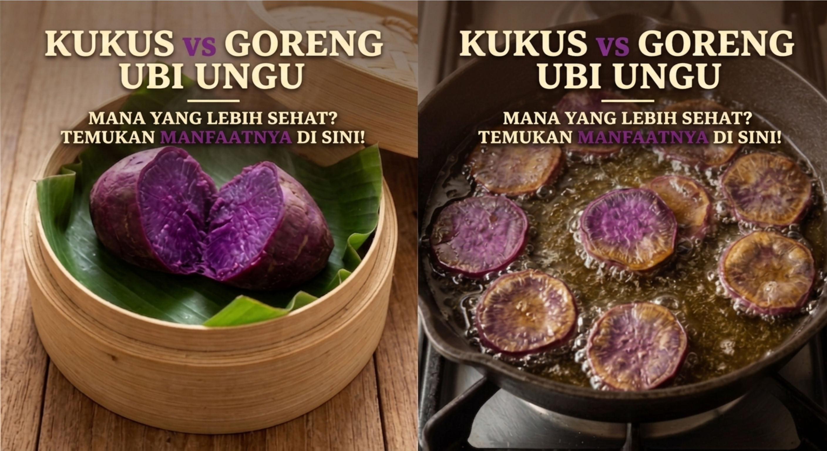 Ubi ungu kukus yang dibelah, menampilkan warna ungu pekat kaya antosianin, dari Kukusan UwUw
