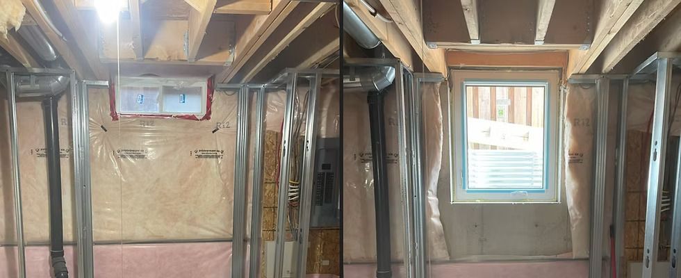Before and after basement window enlargement — small opening expanded to egress code, Modpro Egress Solutions