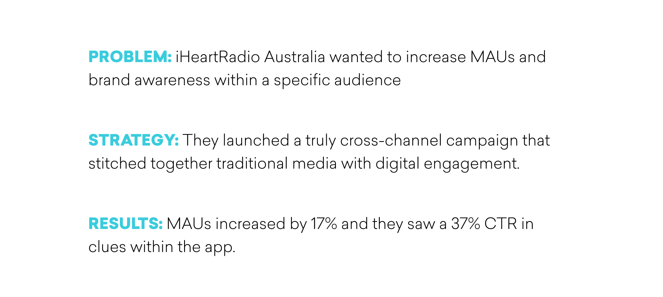Text outlining a marketing campaign by iHeartRadio Australia, detailing the problem, strategy, and results, including a 17% increase in monthly active users and a 37% click-through rate.