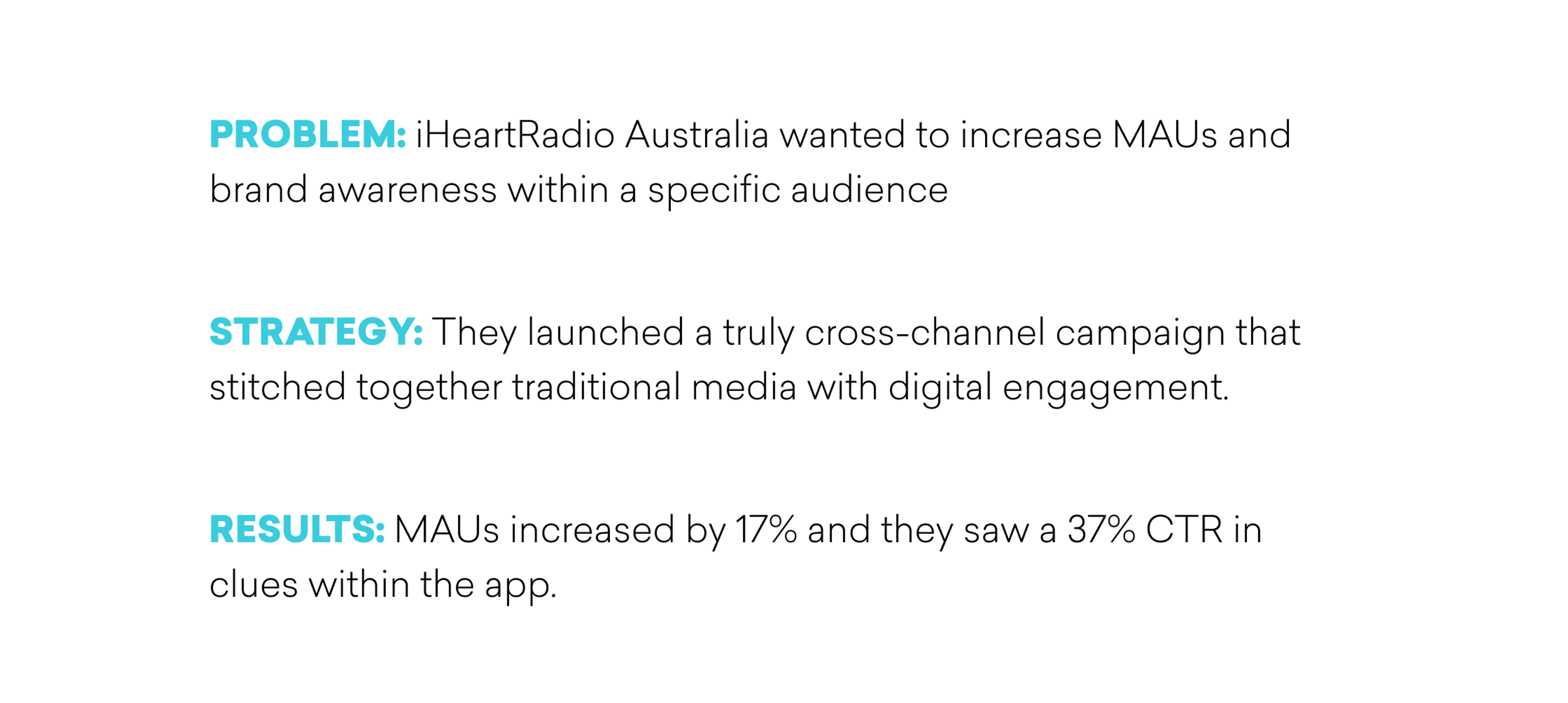 Text outlining a marketing campaign by iHeartRadio Australia, detailing the problem, strategy, and results, including a 17% increase in monthly active users and a 37% click-through rate.
