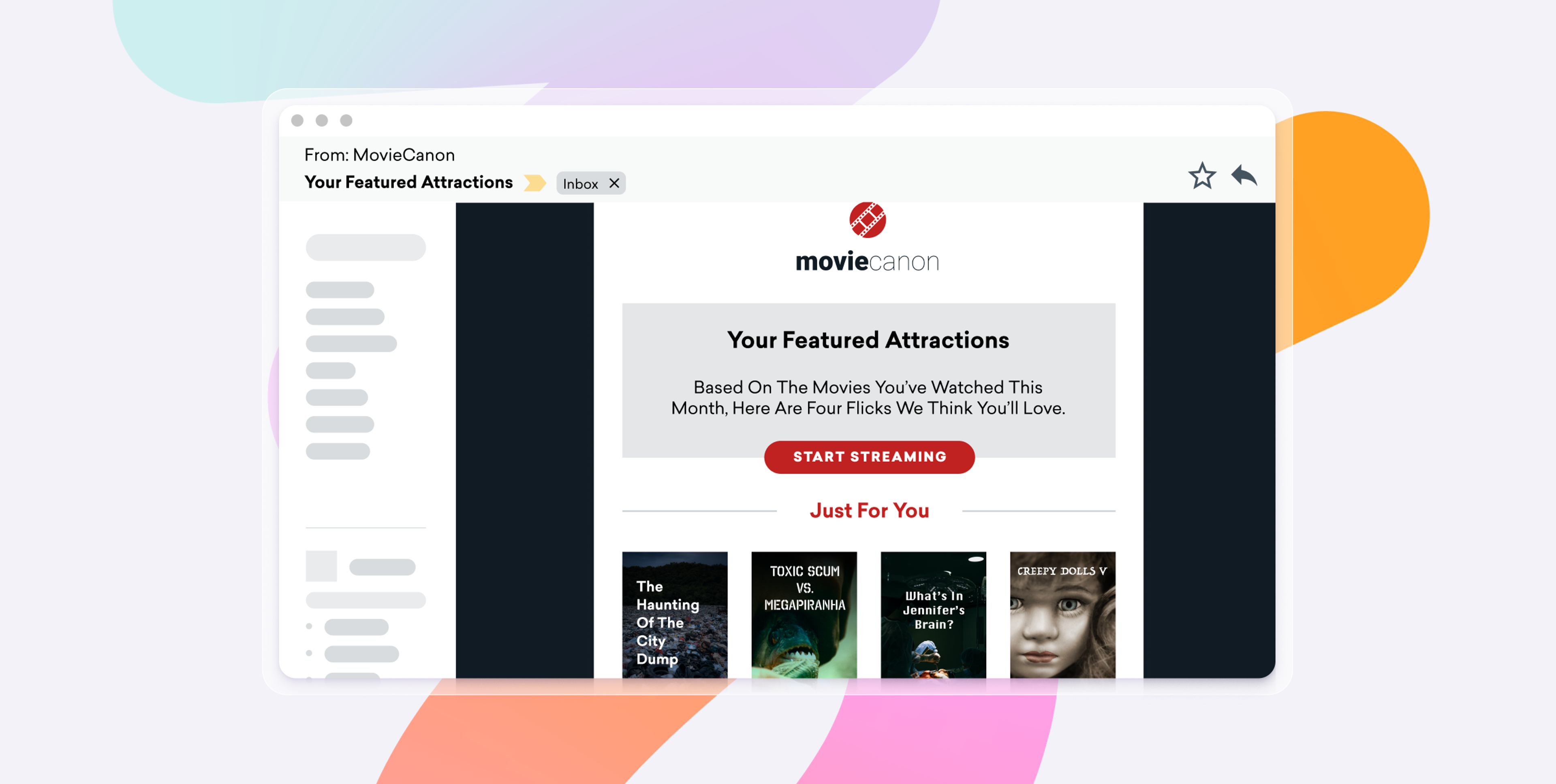 Um e-mail da MovieCanon exibindo recomendações de filmes personalizadas e um botão "Iniciar Transmissão".