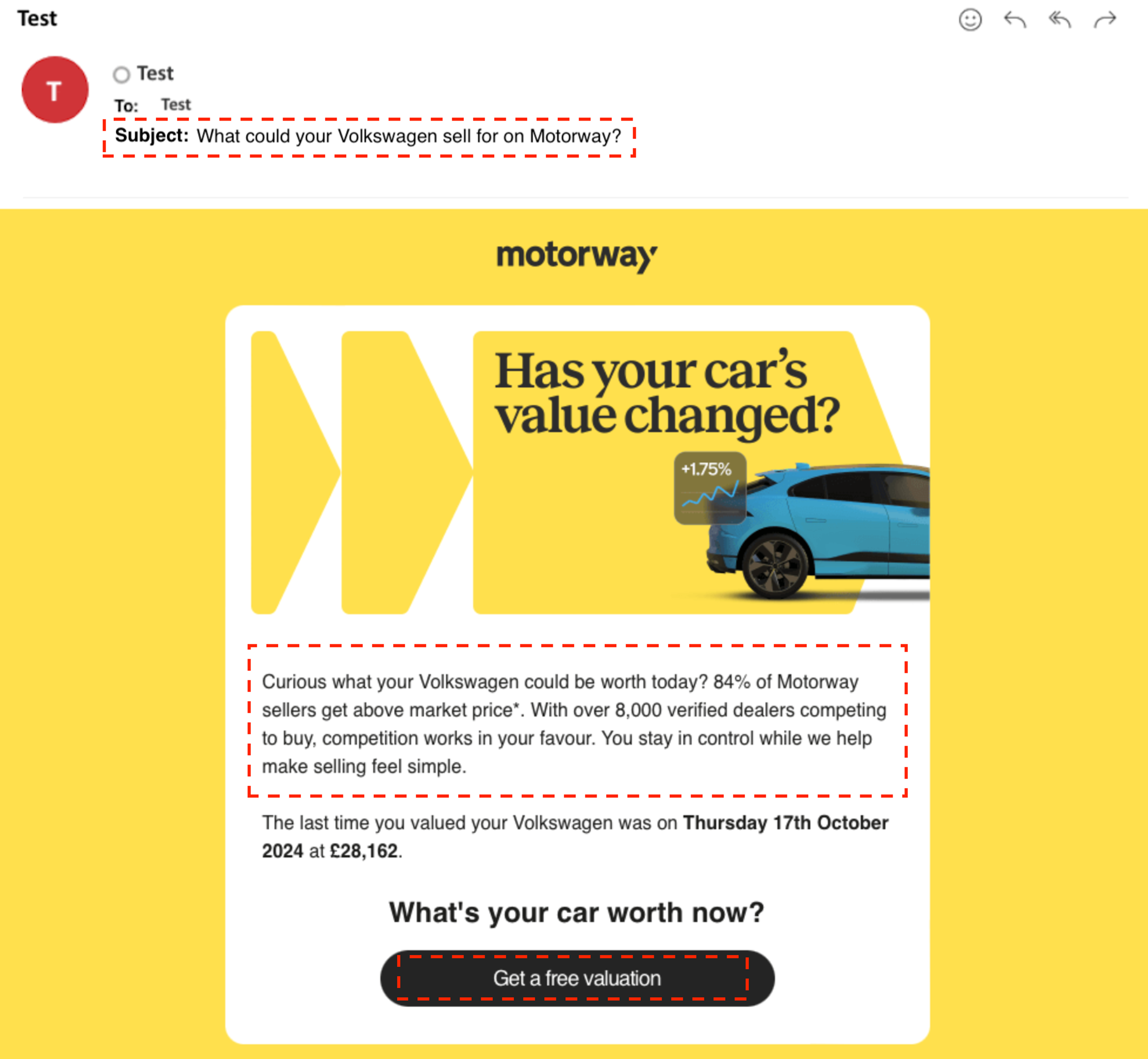 Screenshot of a Motorway marketing email with the subject “What could your Volkswagen sell for on Motorway?”, showing a yellow banner asking if your car’s value has changed, text about valuing a Volkswagen, and a button labeled “Get a free valuation.”