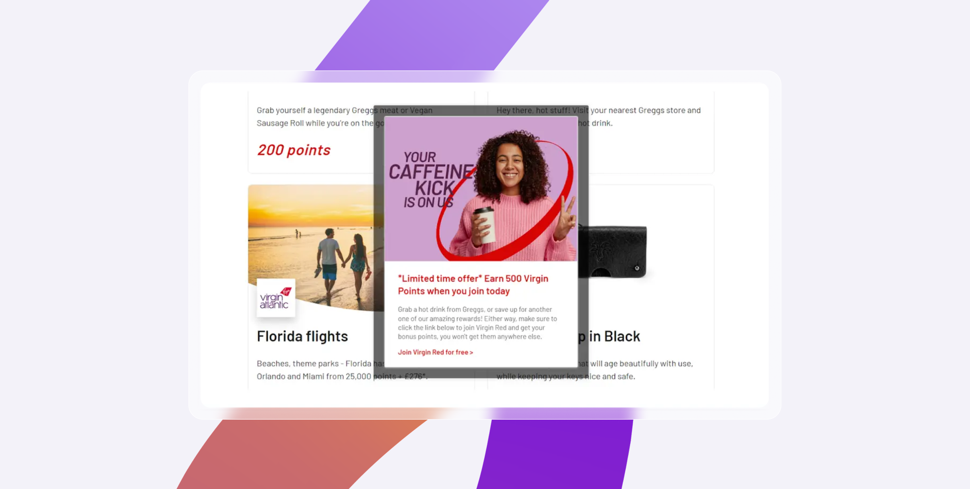 A promotional email offers a limited-time deal for earning Virgin Points with a coffee-themed graphic. The background features colorful stripes and information about flights to Florida.