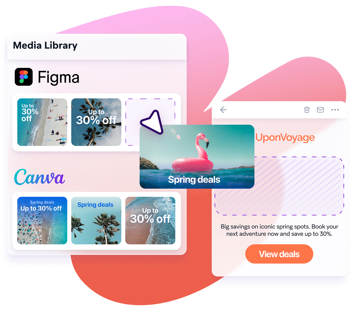 A cursor drags a travel image from a media library interface (Figma/Canva) into an UponVoyage email marketing draft.