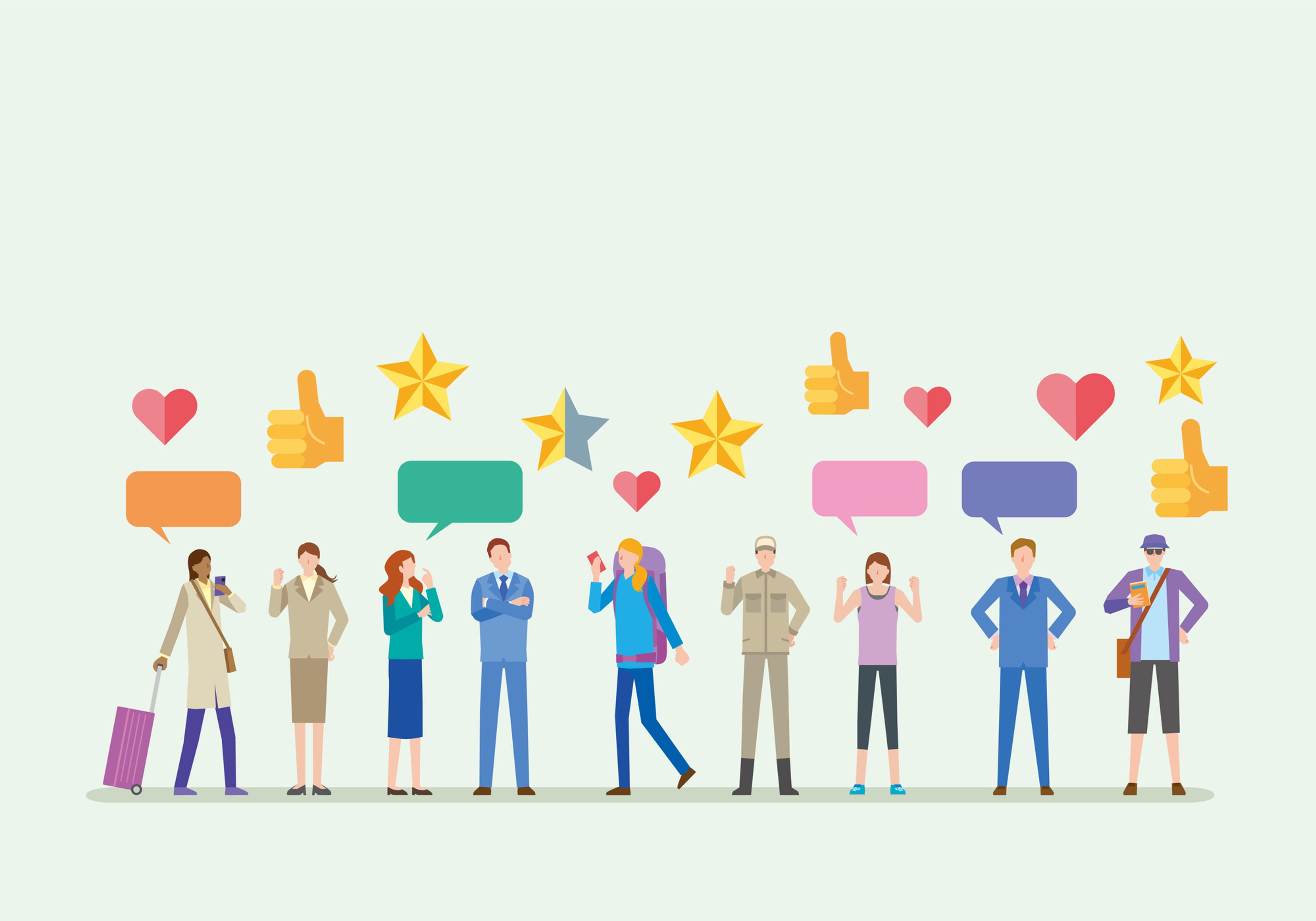 人々がスマートフォンを持ち、さまざまな感情を表現しているイラスト。背景には吹き出しやアイコンが描かれている。
