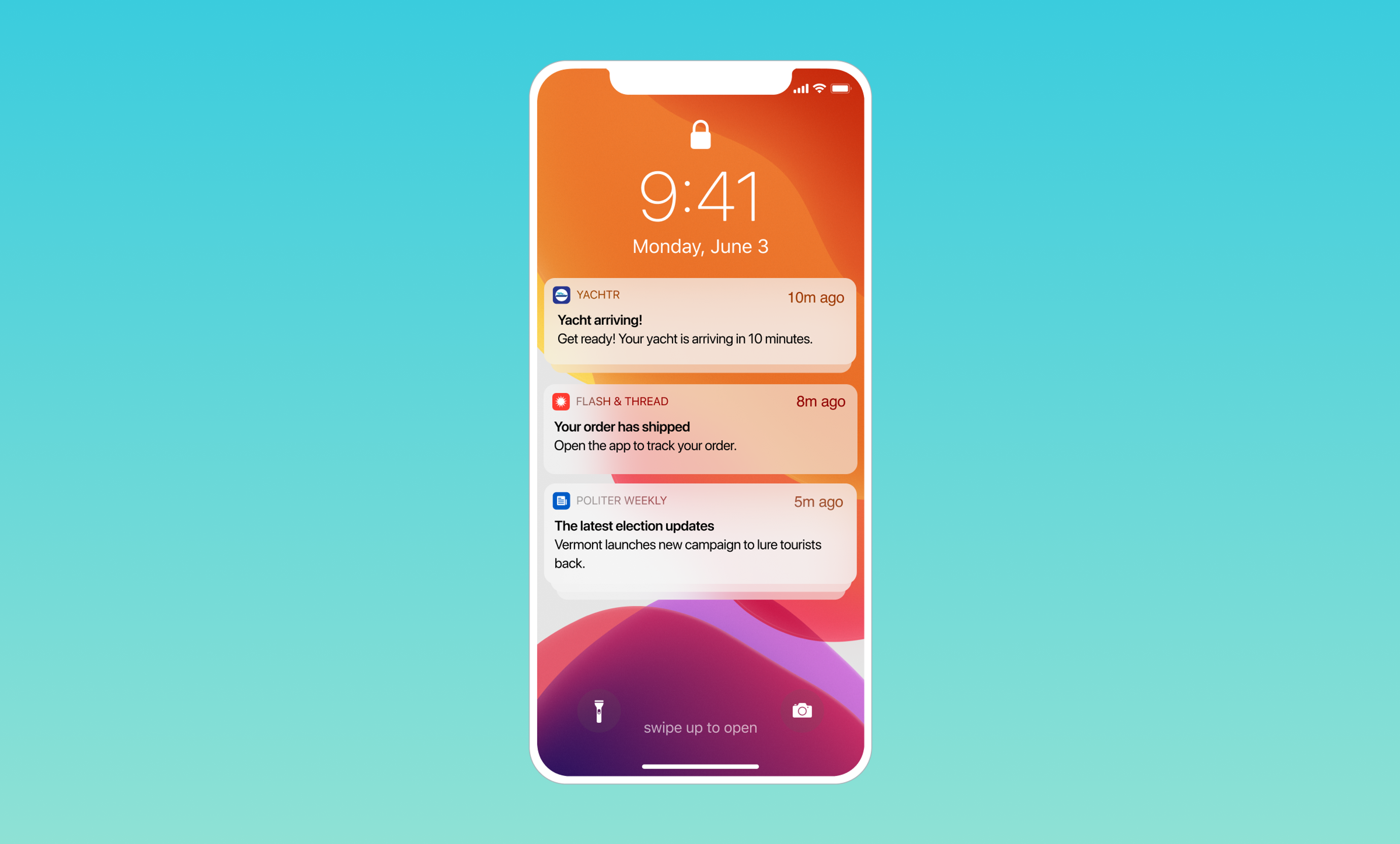 A smartphone screen displaying the time 9:41 on Monday, June 3, with three notifications about a meeting, an order shipment, and election updates. The background is a gradient of blue and green.