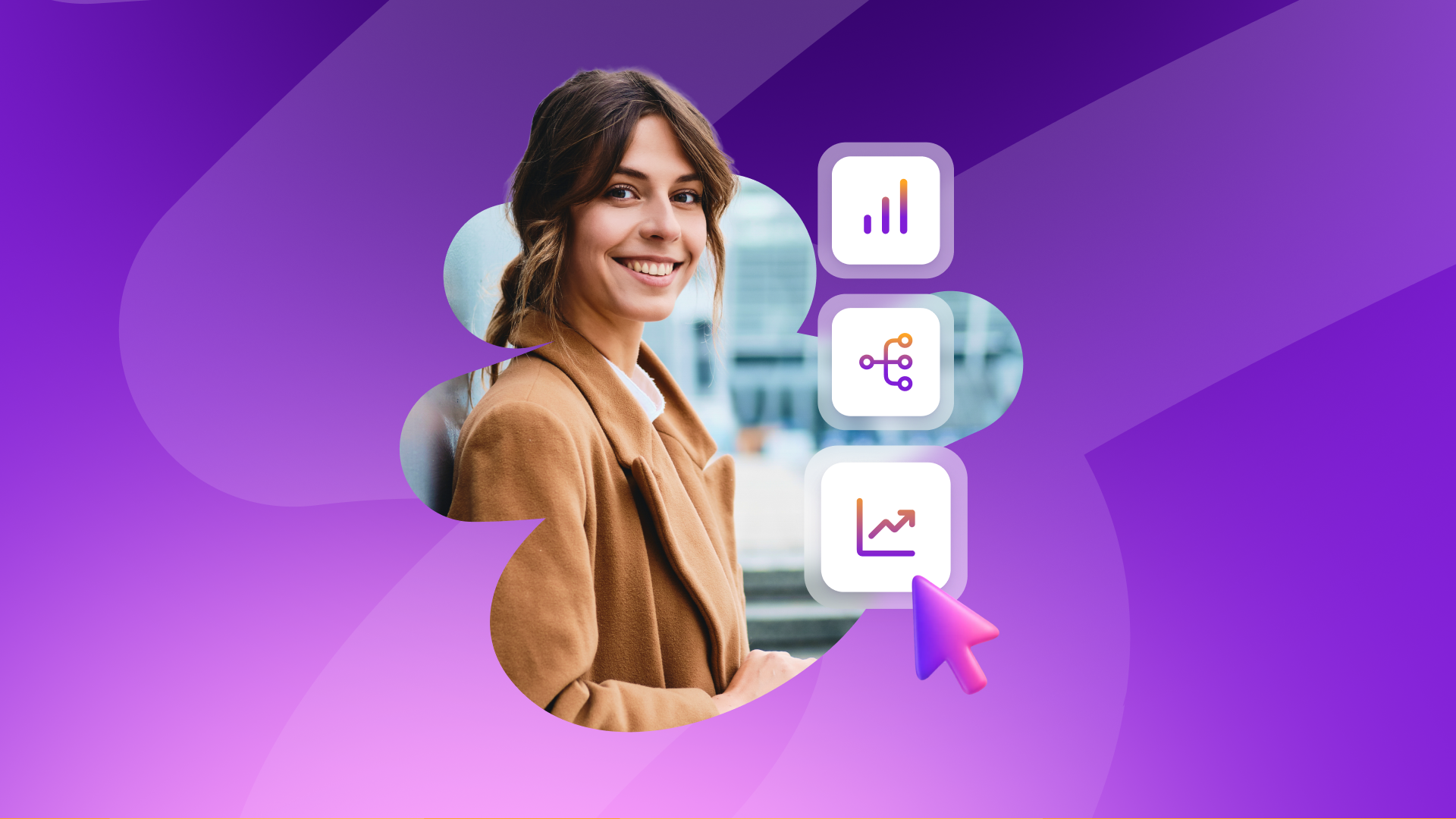 Smiling woman in a brown coat with digital icons for a bar chart, connected nodes, and a line graph, with a cursor pointing to the line graph.