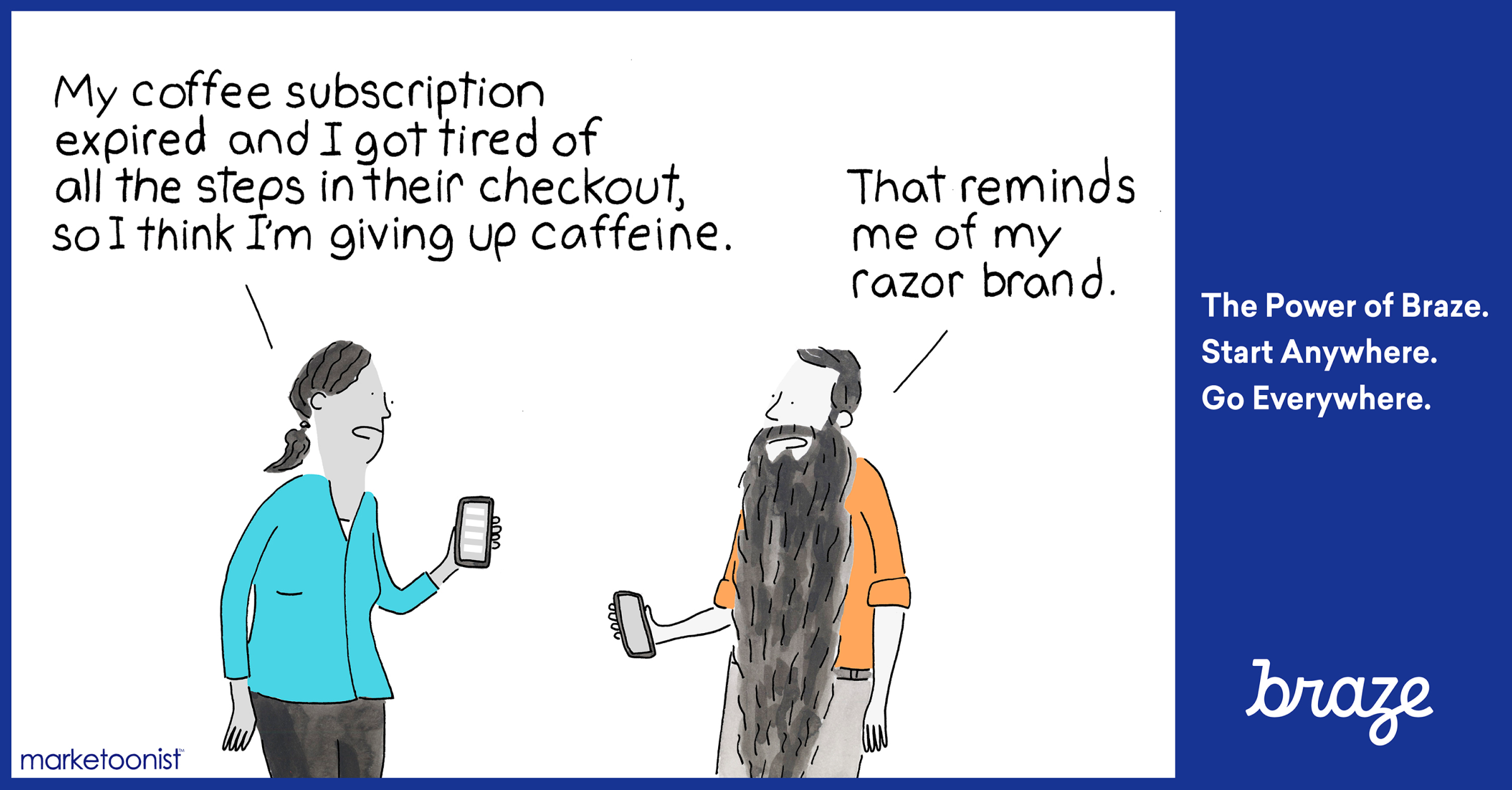 A woman expresses frustration about her expired coffee subscription and the checkout process, while a bearded man responds with a comment about his razor brand.