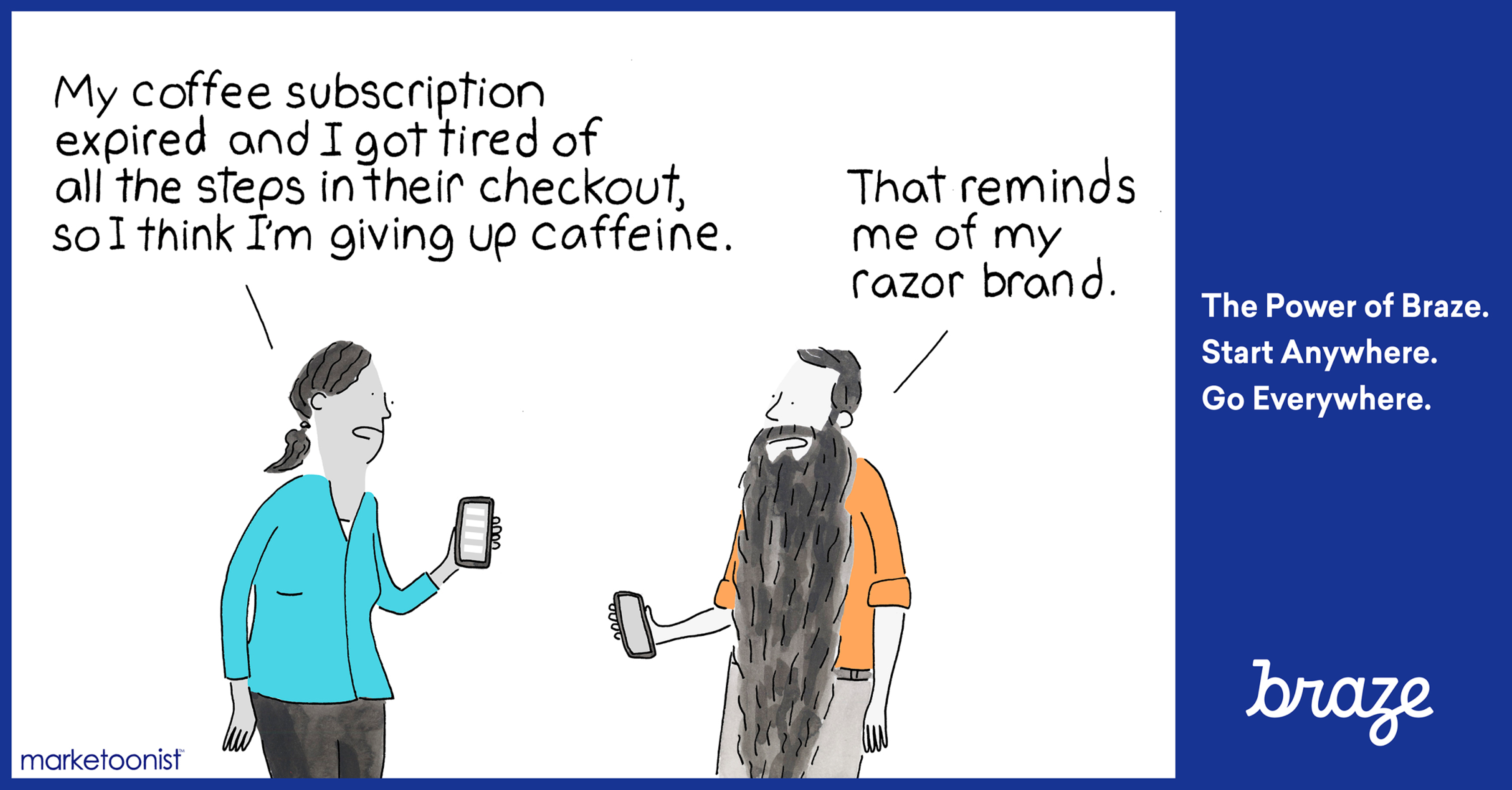 A woman expresses frustration about her expired coffee subscription and the checkout process, while a bearded man responds with a comment about his razor brand.