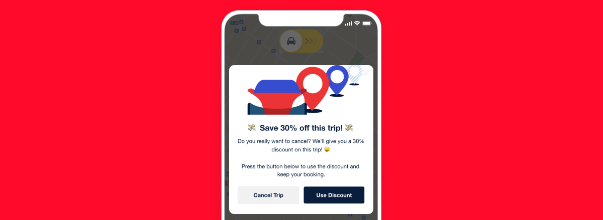 Écran d'une application mobile proposant une réduction de 30 % sur un trajet. Options pour annuler le trajet ou utiliser la réduction.