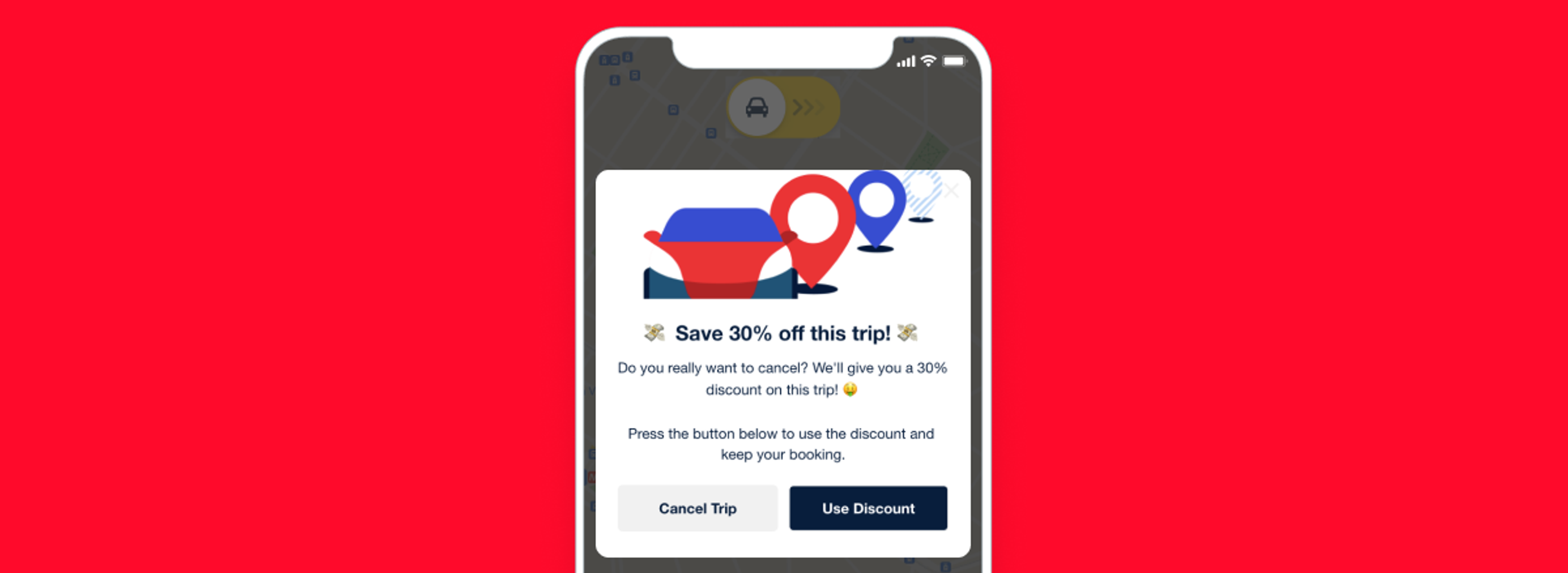 Écran d'une application mobile proposant une réduction de 30 % sur un trajet. Options pour annuler le trajet ou utiliser la réduction.