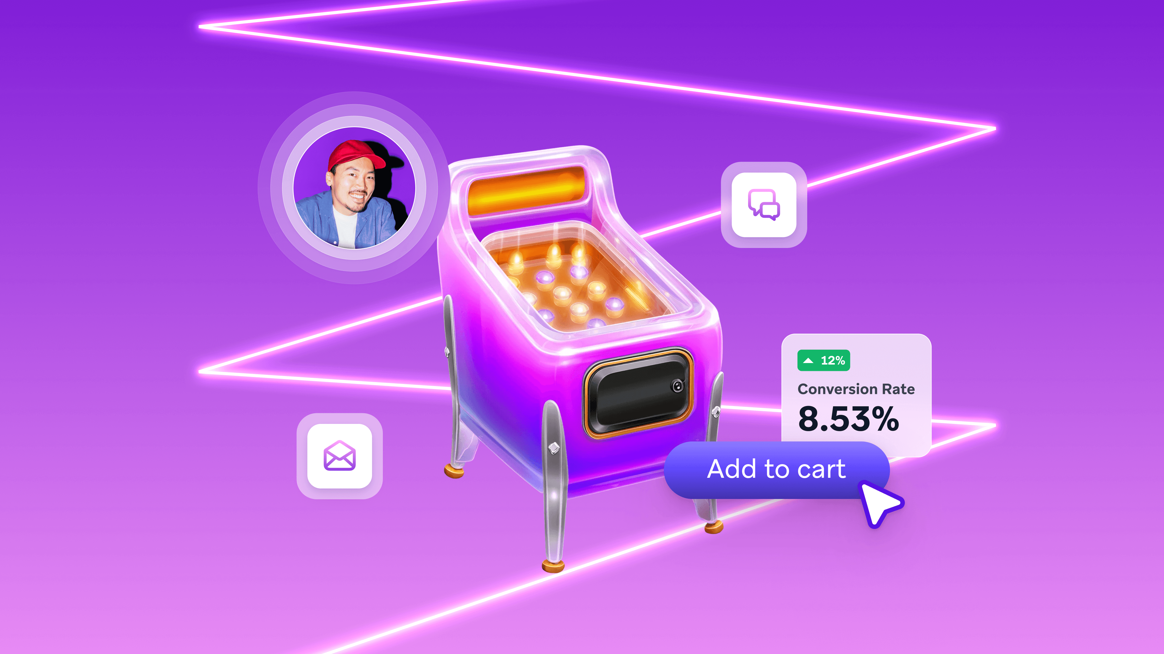 Stylized pinball machine with e-commerce icons (profile, email, chat, add to cart, conversion rate) on a purple neon background.