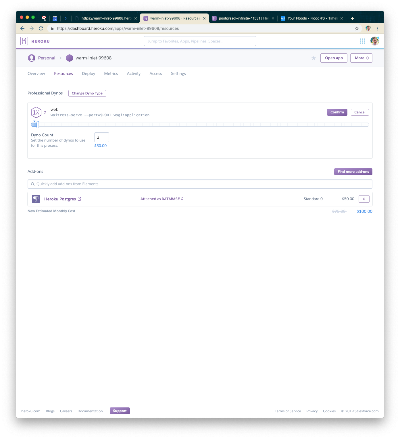 A web interface displaying a dashboard for managing resources on Heroku, including options for changing dyno types and viewing add-ons. The page shows a summary of dyno count and associated costs.