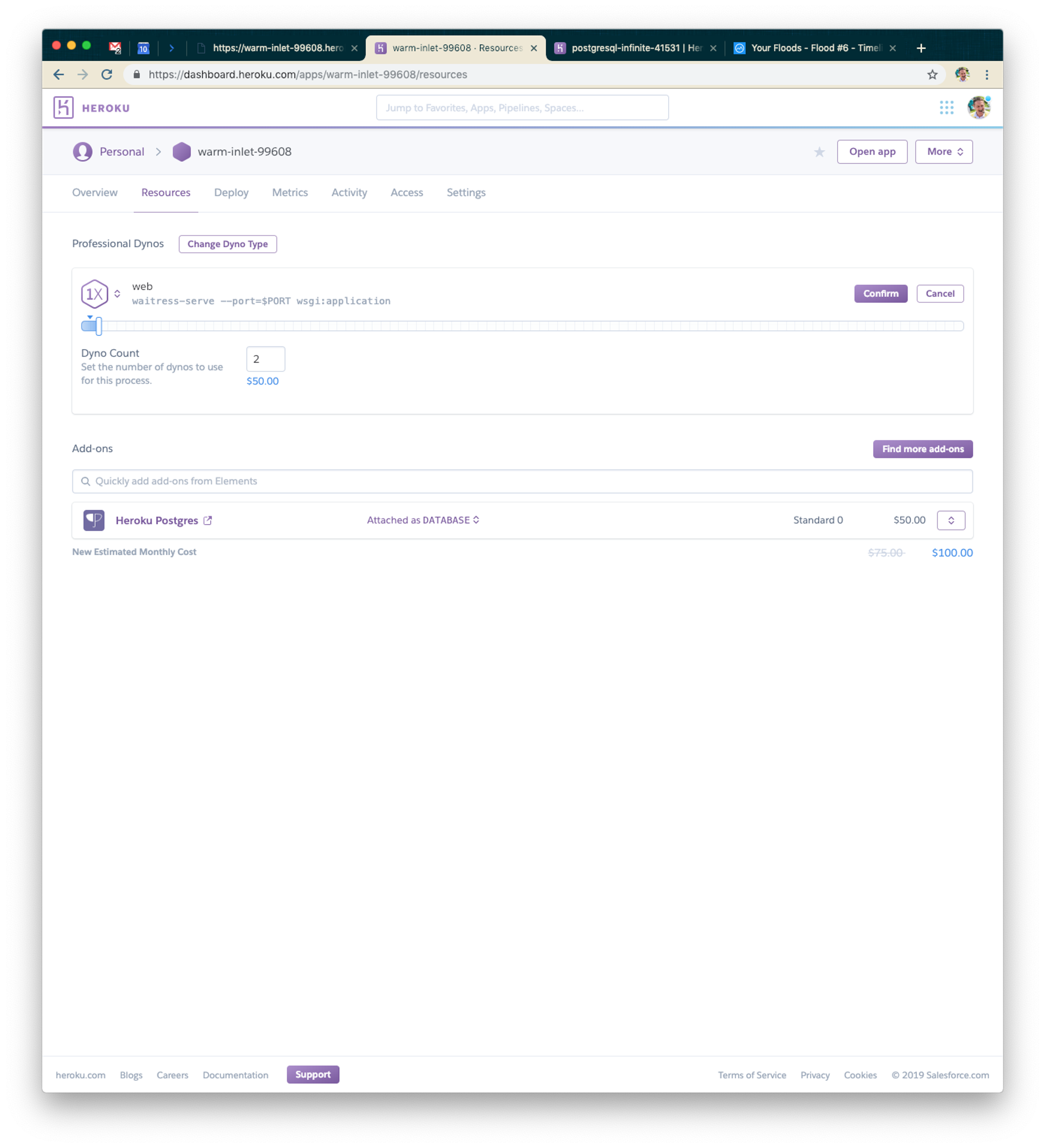 A web interface displaying a dashboard for managing resources on Heroku, including options for changing dyno types and viewing add-ons. The page shows a summary of dyno count and associated costs.