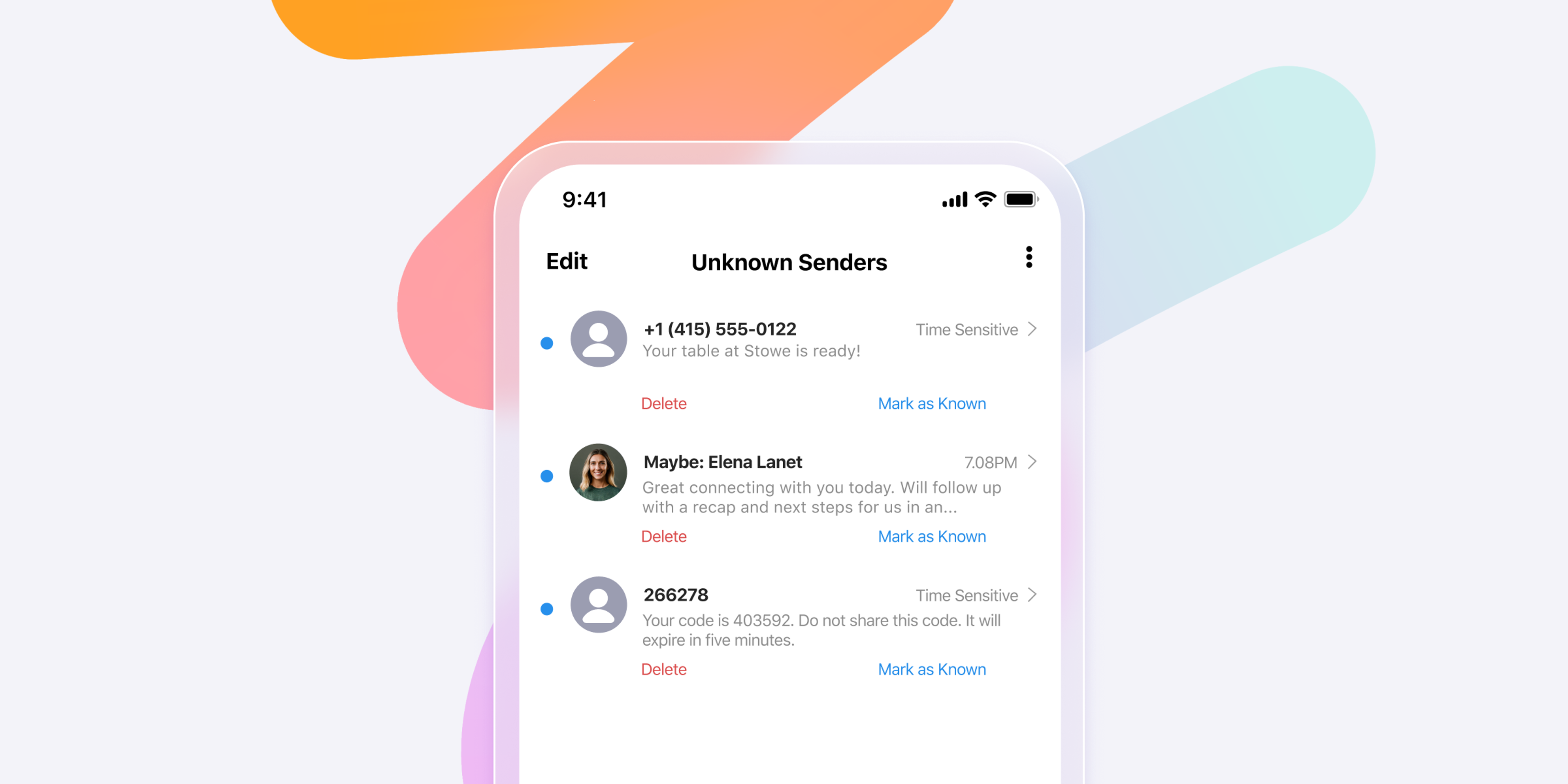 a phone screen shows a list of unknown senders