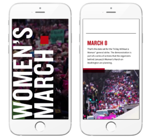 A smartphone screen displays information about the Women's March, including the date March 8 and details about the "A Day Without a Woman" event. The left side features bold text and a crowd image, while the right side provides additional context.