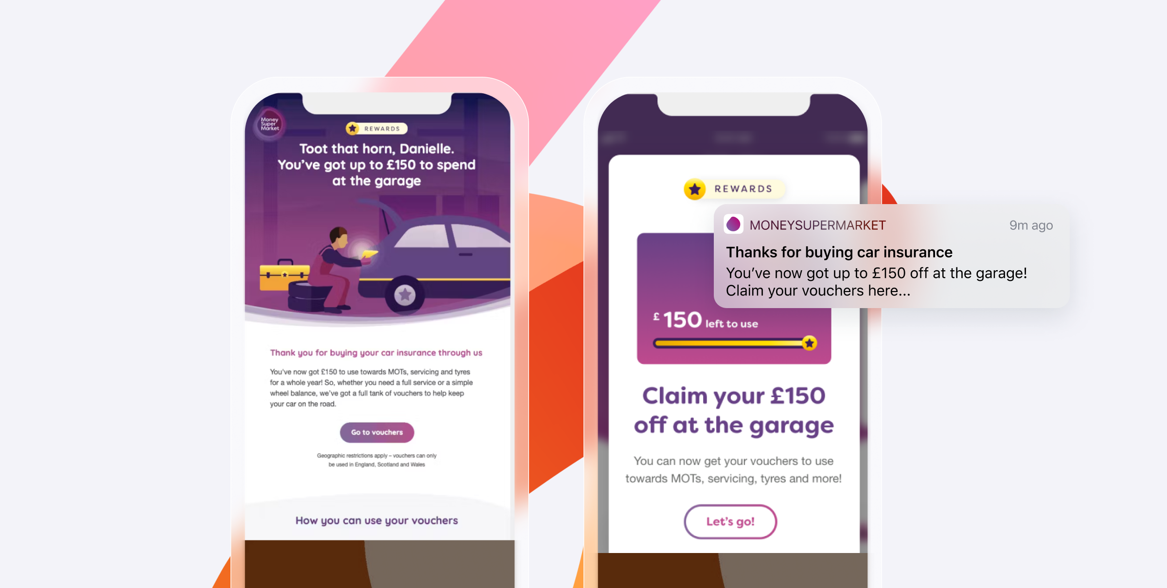 deux écrans de téléphone affichant des messages de MoneySuperMarket