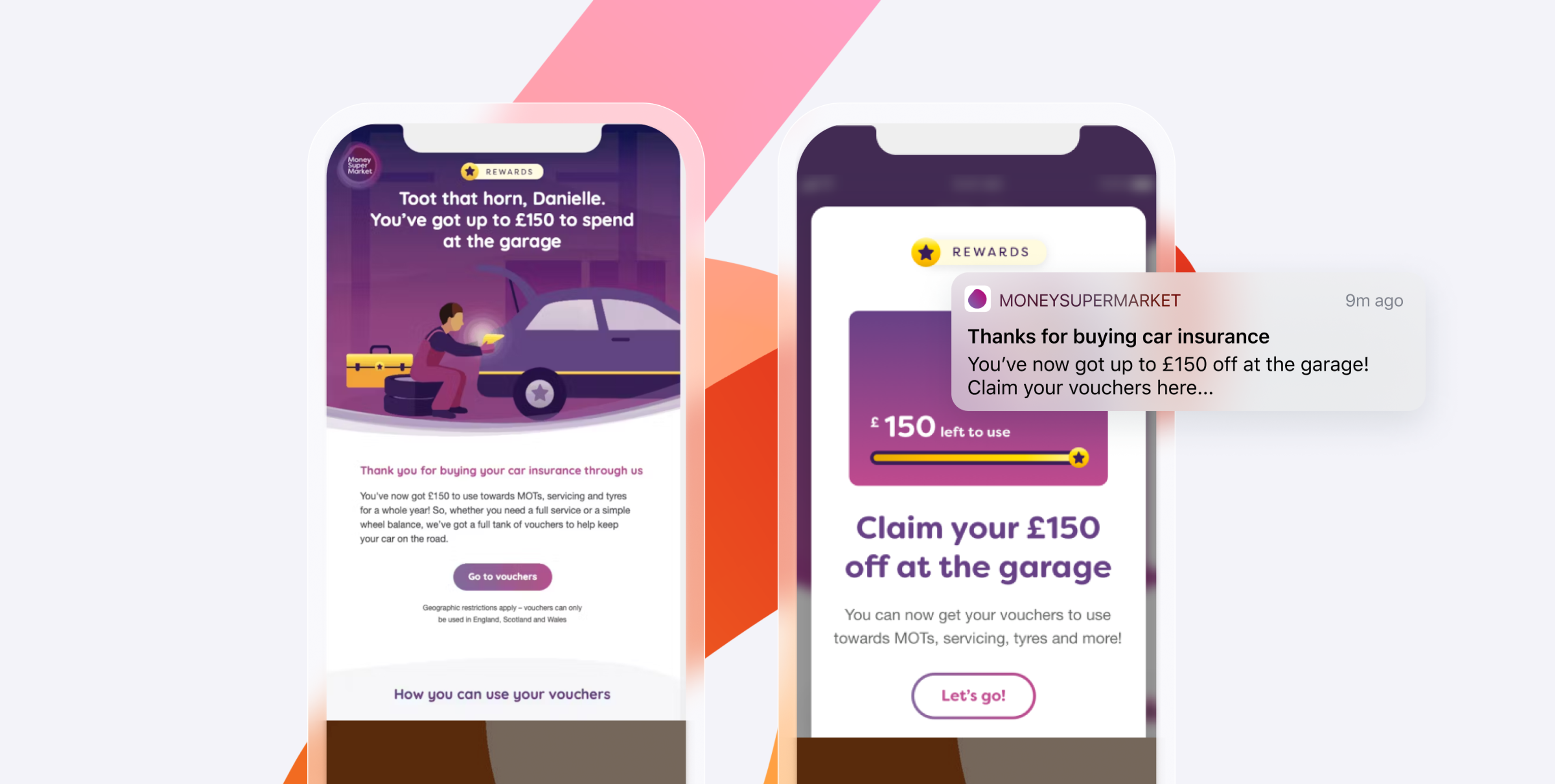 deux écrans de téléphone affichant des messages de MoneySuperMarket