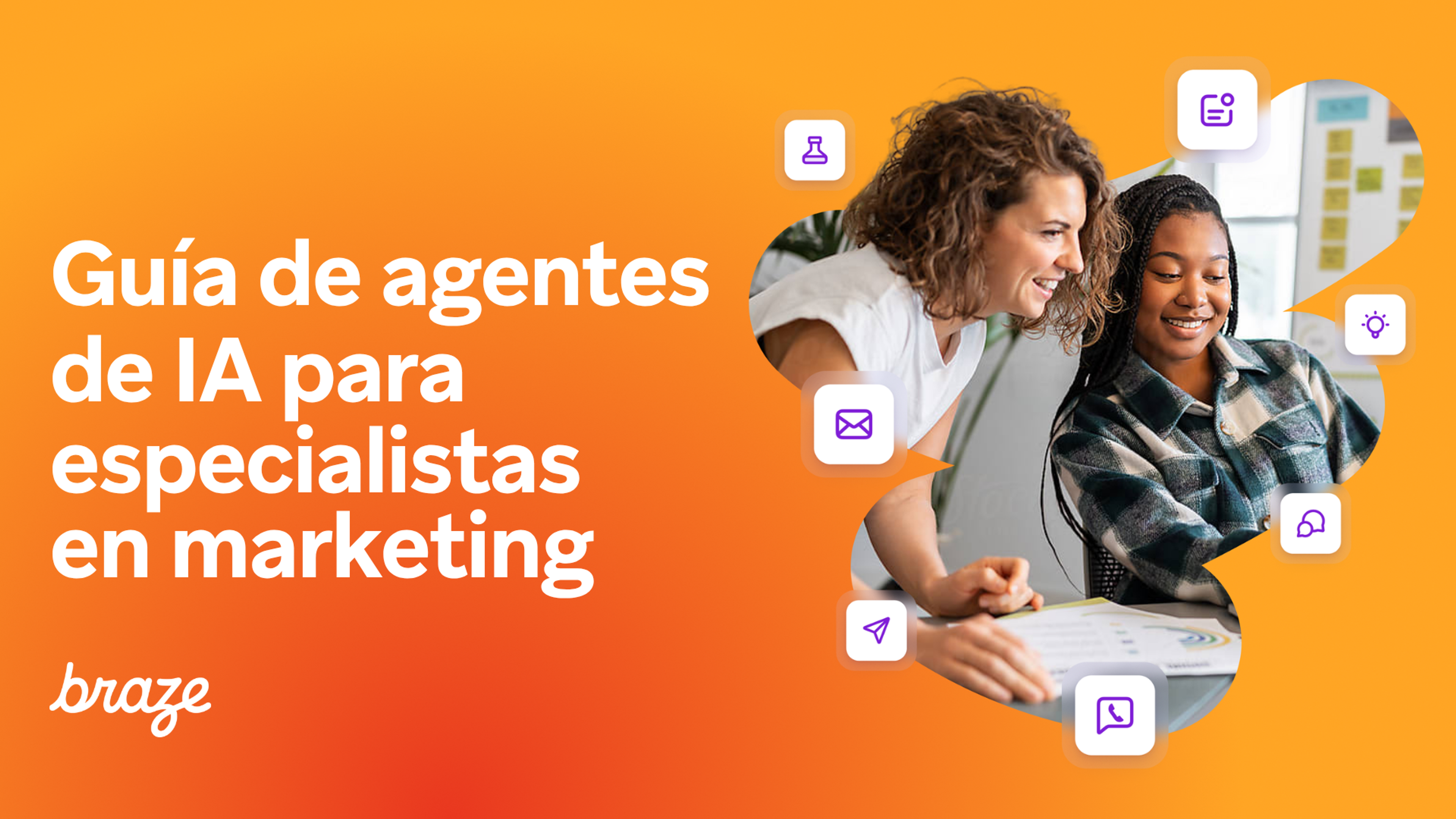 Portada de la «Guía de agentes de IA para especialistas en marketing» de Braze, con dos mujeres trabajando juntas frente a un ordenador.