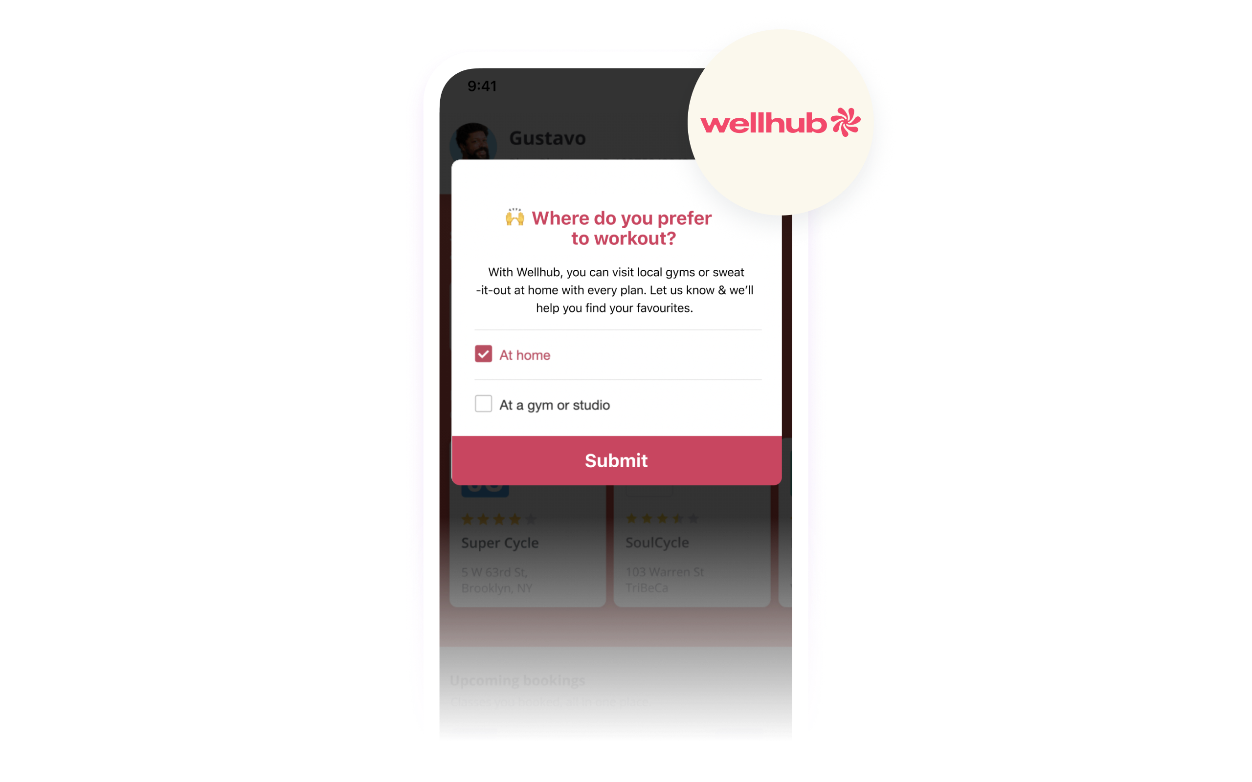 a screenshot of a wellhub app asking where do you prefer to workout