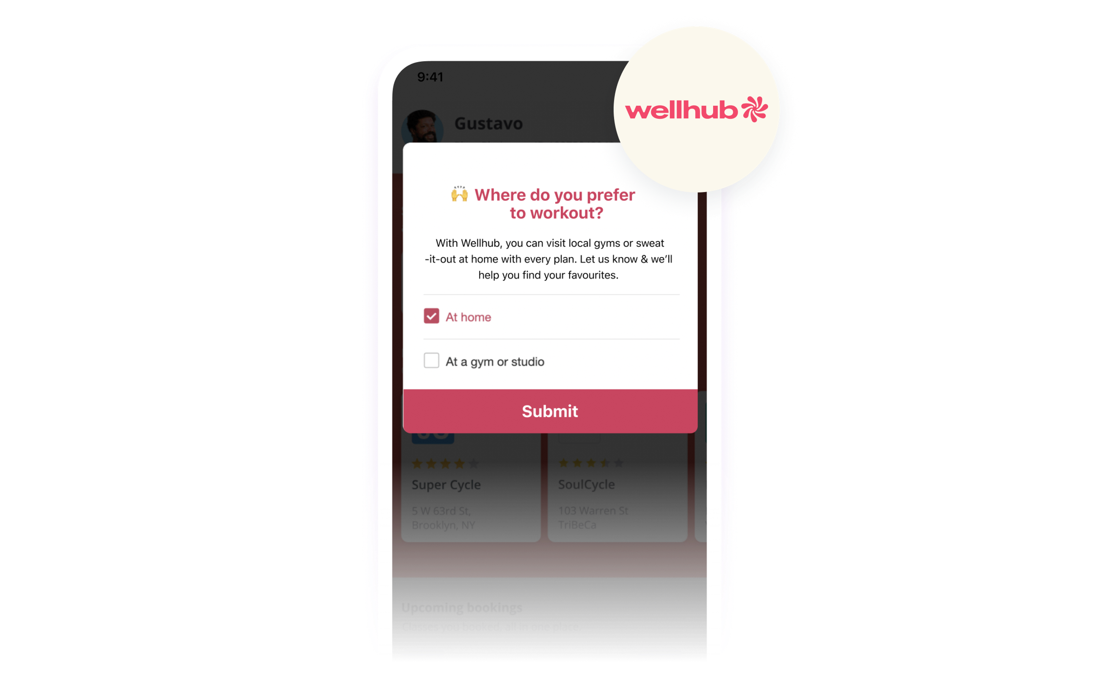 a screenshot of a wellhub app asking where do you prefer to workout