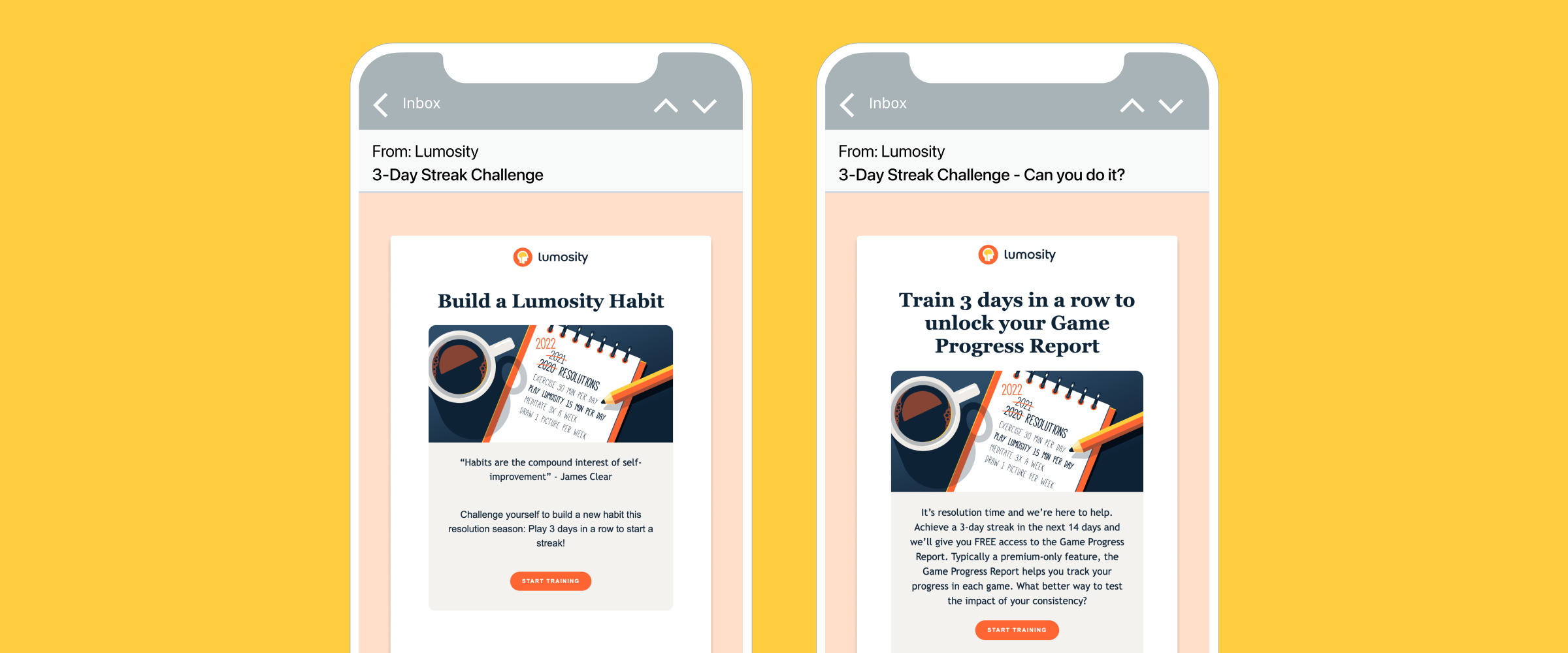Two smartphone screens displaying an email from Lumosity about a 3-Day Streak Challenge, featuring a notebook and coffee cup. The emails encourage building a habit and unlocking a game progress report.