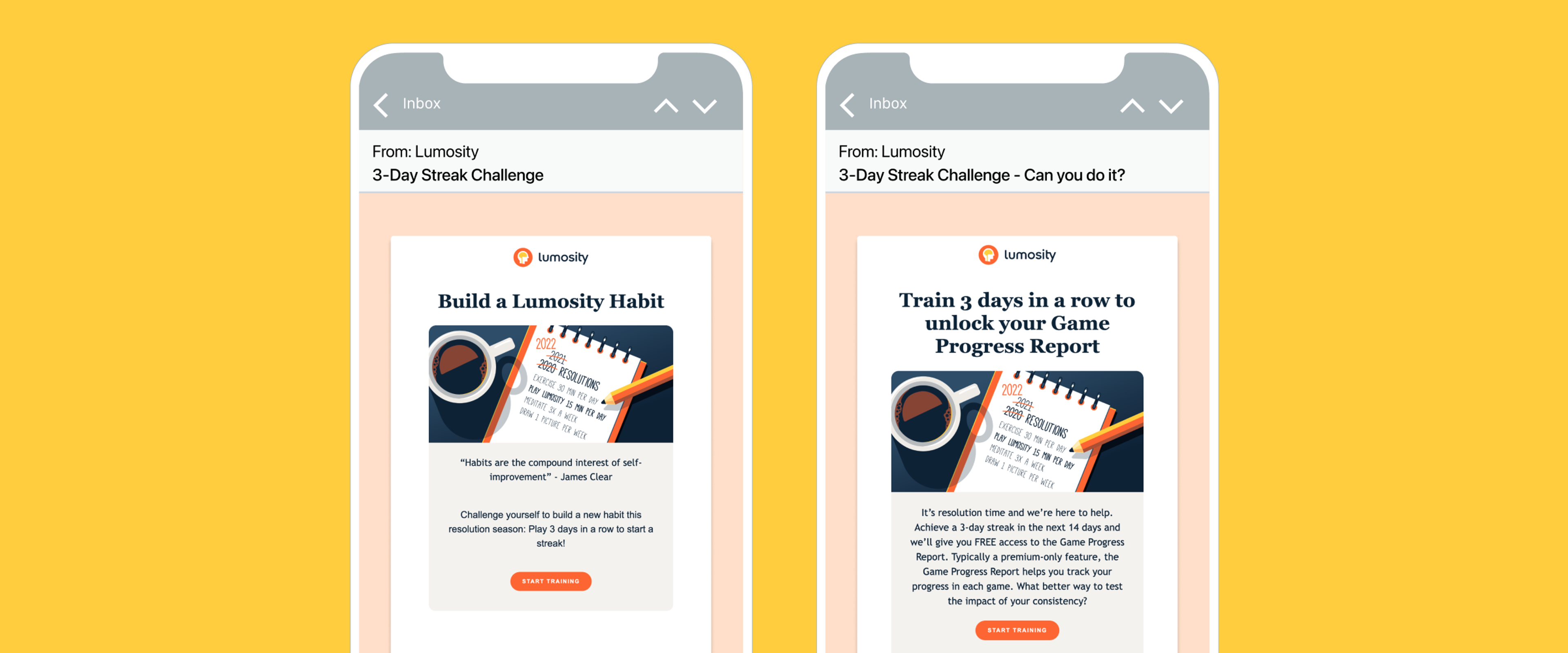 Two smartphone screens displaying an email from Lumosity about a 3-Day Streak Challenge, featuring a notebook and coffee cup. The emails encourage building a habit and unlocking a game progress report.