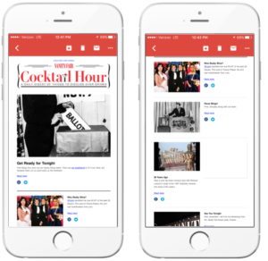 A smartphone displays an email titled "Cocktail Hour" with images and text about an event. The left screen shows a ballot and the right screen features event details and photos.