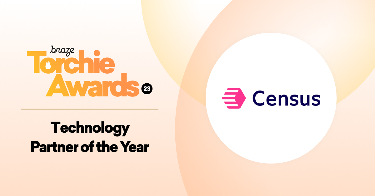 The image features the Braze Torchie Awards logo and the text "Technology Partner of the Year" alongside the Census logo. The background has a gradient design in soft colors.